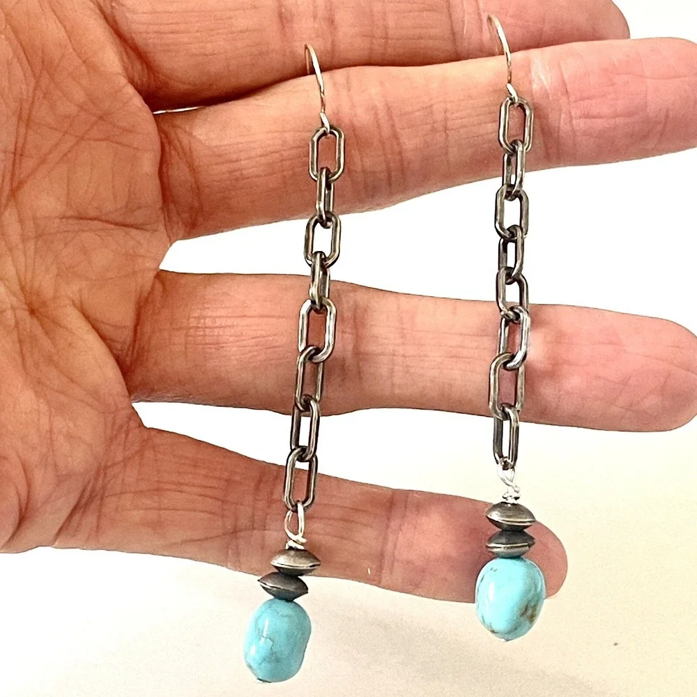 Long Navajo Turquoise Earrings 3.25in Sterling 925 Dangle Navajo Matte Chain - Picture 3 of 9